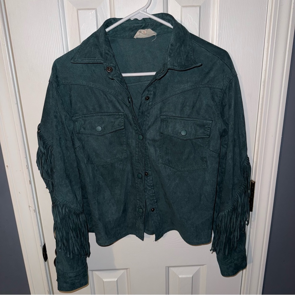 Listicle Teal Jacket with Fringe
